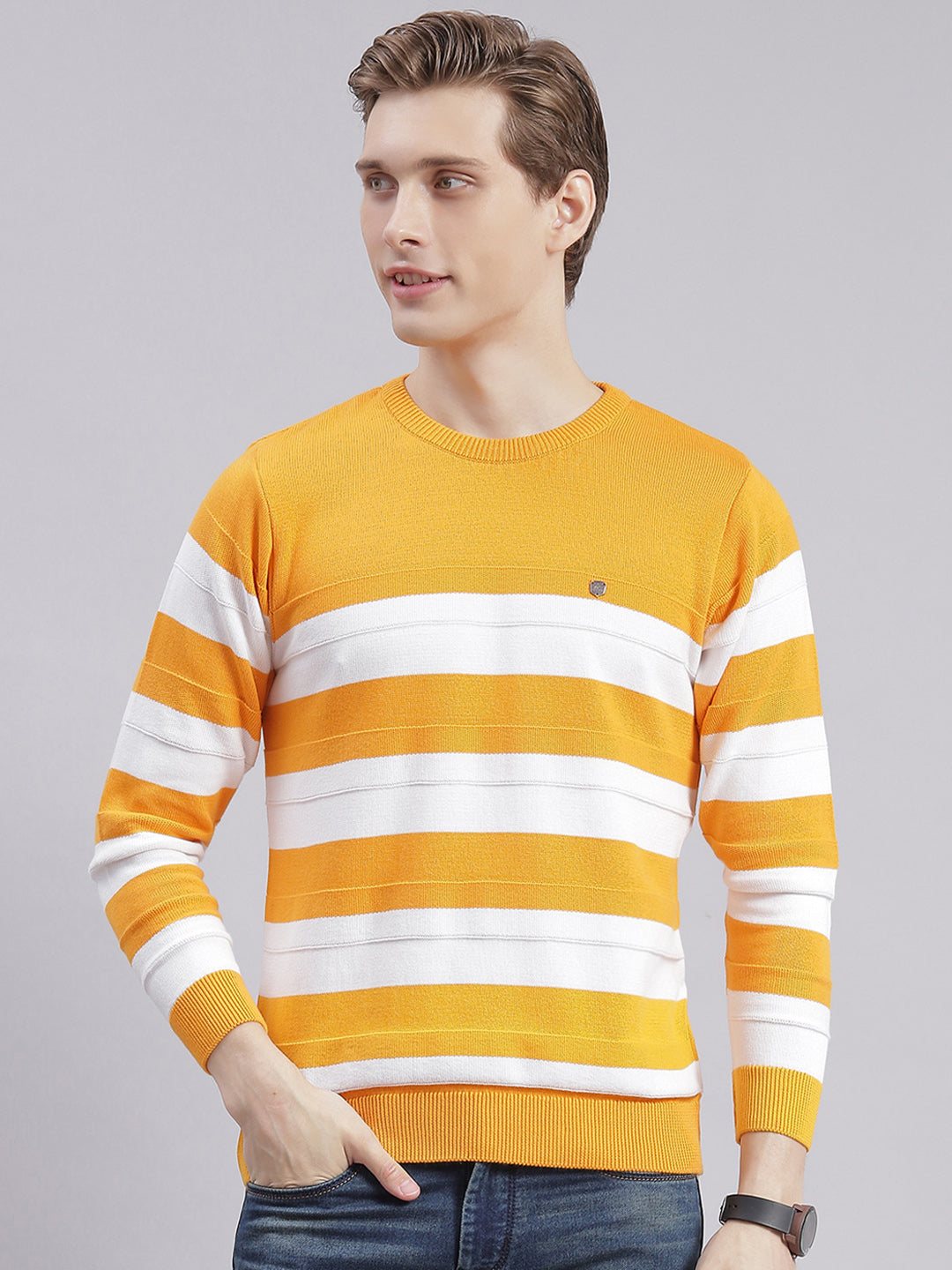 Men Yellow Stripe Round Neck Full Sleeve Sweaters/Pullovers
