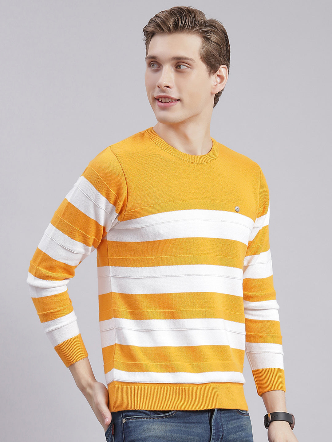 Men Yellow Stripe Round Neck Full Sleeve Sweaters/Pullovers