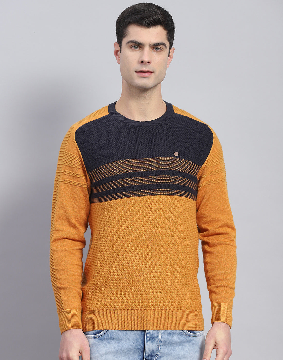 Men Mustard Self Design Round Neck Full Sleeve Pullover