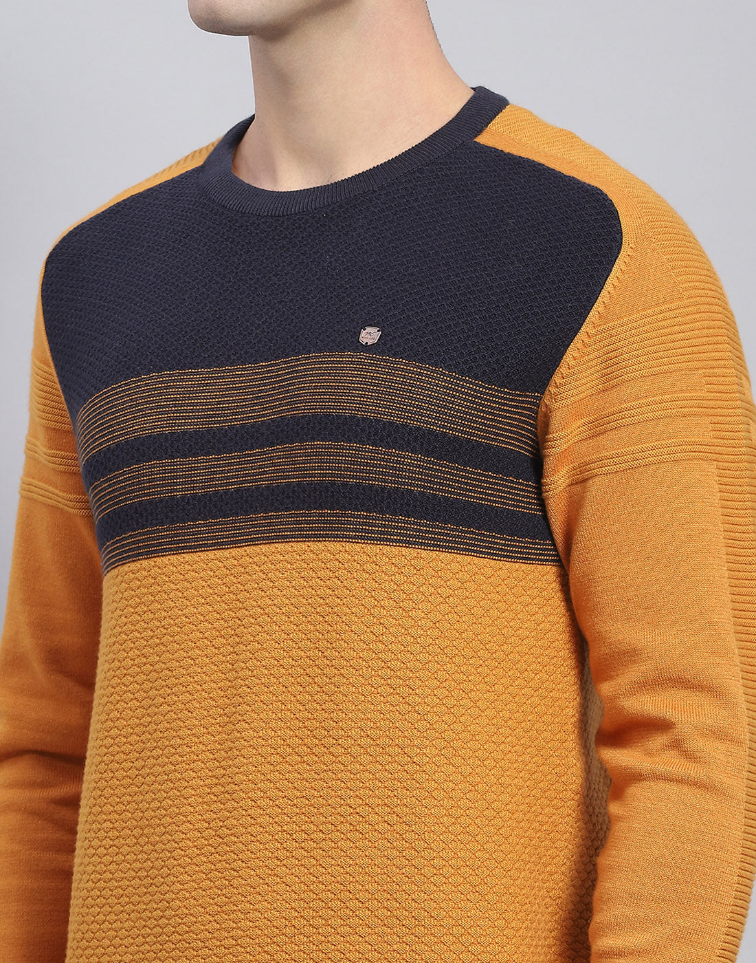 Men Mustard Self Design Round Neck Full Sleeve Pullover