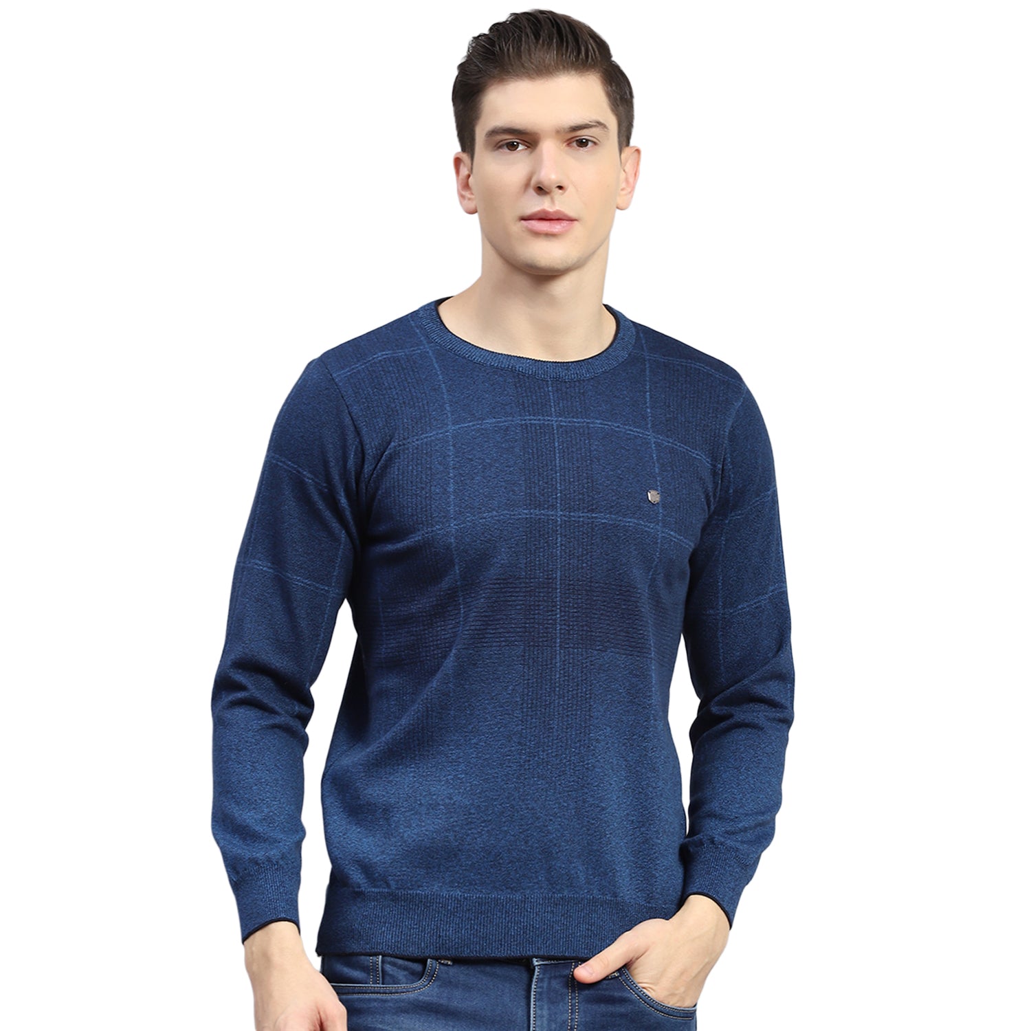Men Blue Solid Round Neck Full Sleeve Sweater