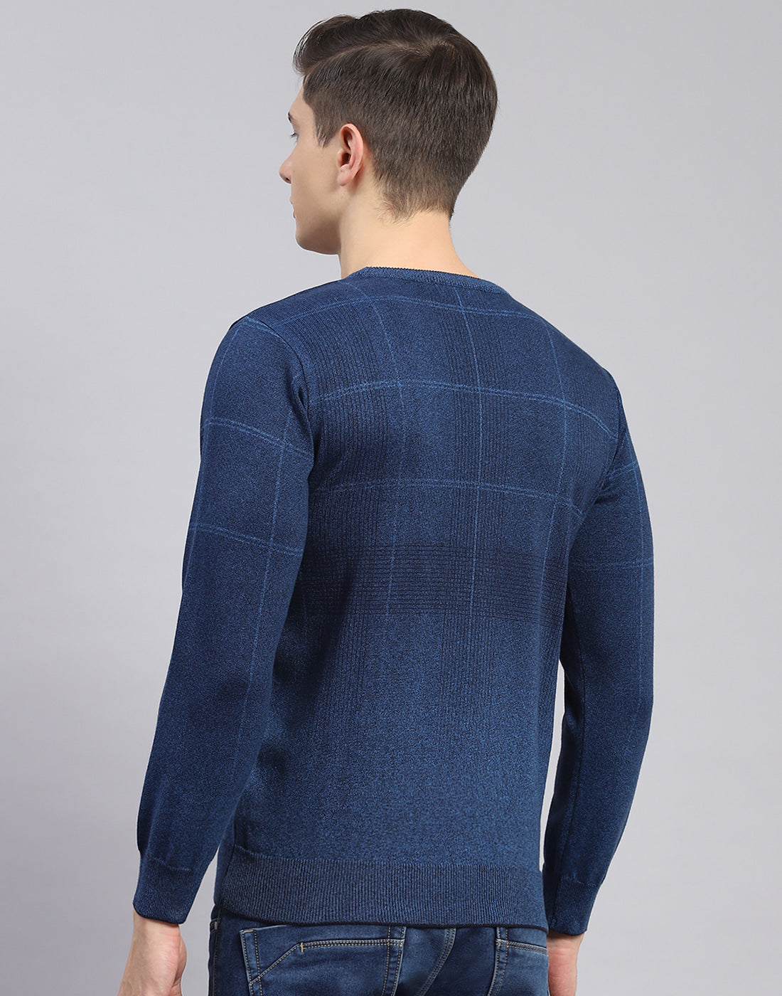 Men Blue Solid Round Neck Full Sleeve Sweater