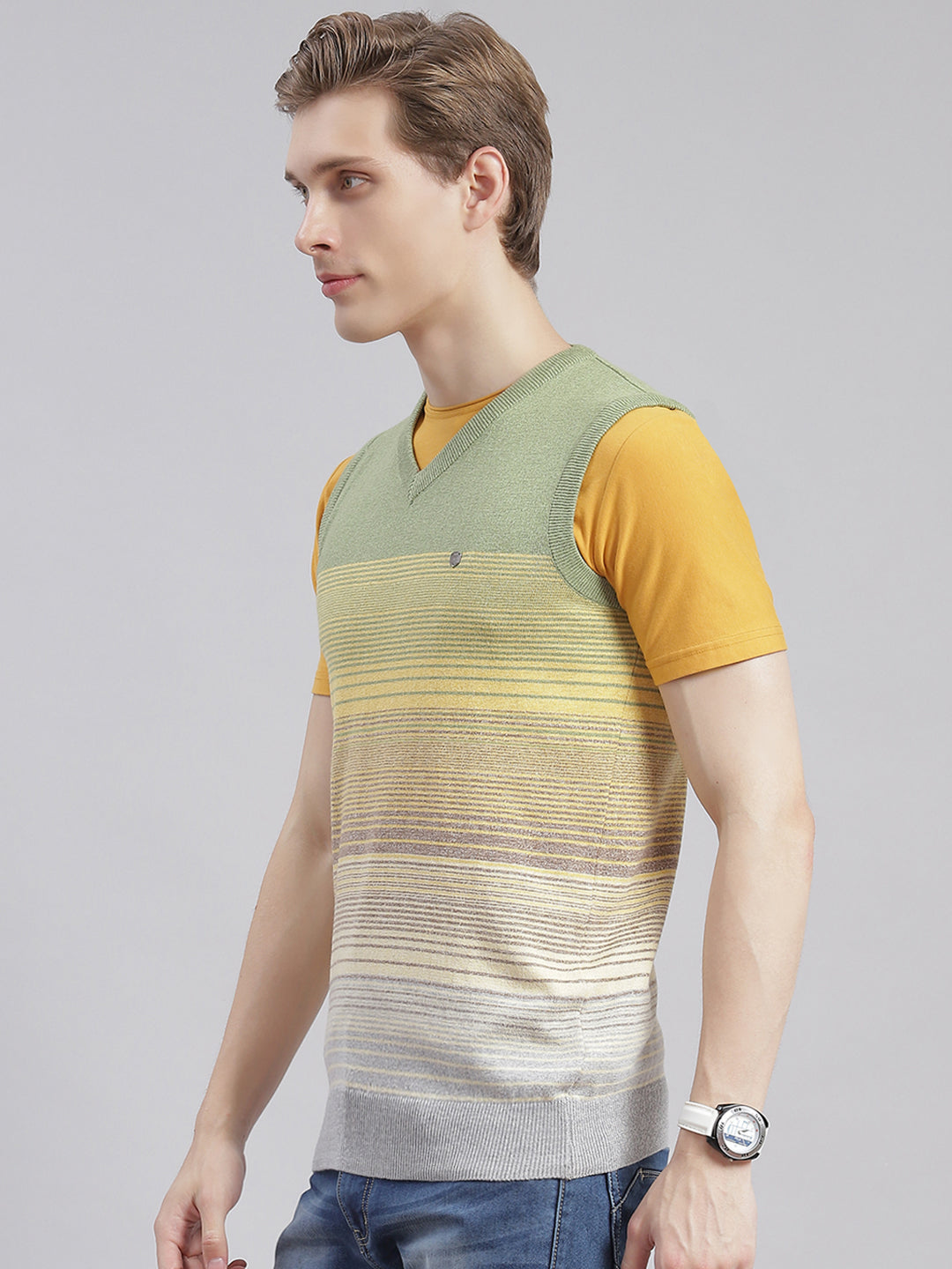 Men Olive Stripe V Neck Sleeveless Sweaters/Pullovers