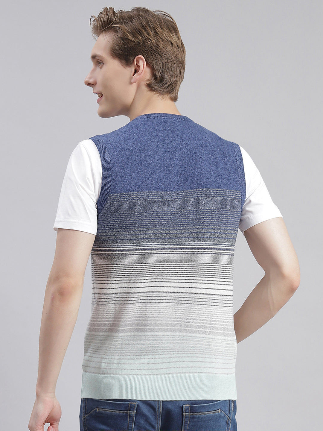 Men Blue Stripe V Neck Sleeveless Sweaters/Pullovers