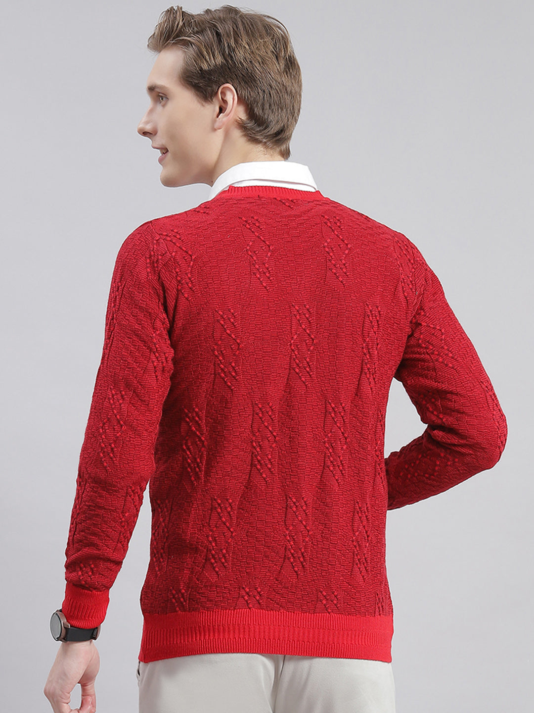 Men Red Self Design V Neck Full Sleeve Sweaters/Pullovers