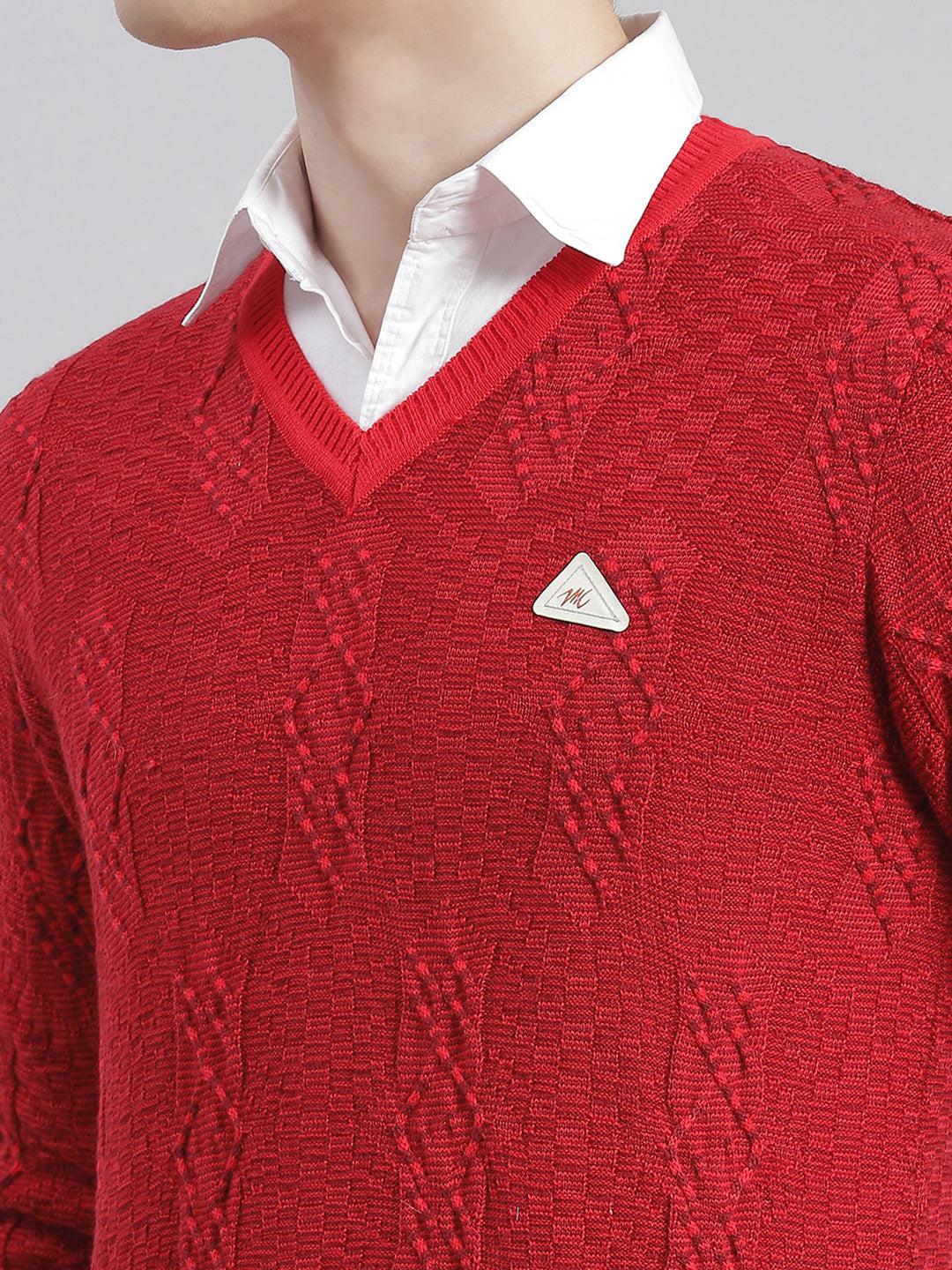 Men Red Self Design V Neck Full Sleeve Sweaters/Pullovers