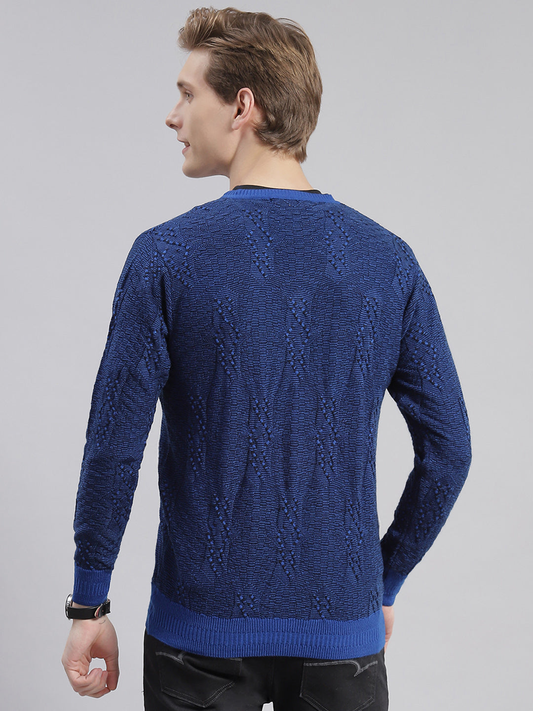 Men Blue Self Design V Neck Full Sleeve Sweaters/Pullovers