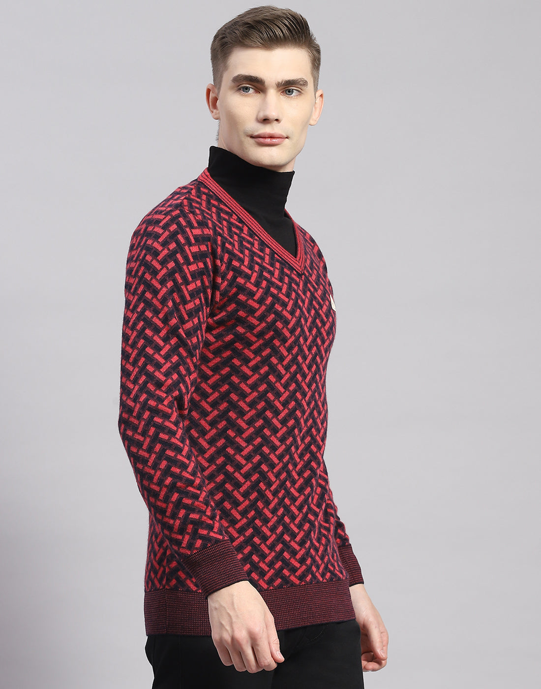 Men Pink Self Design V Neck Full Sleeve Pullover