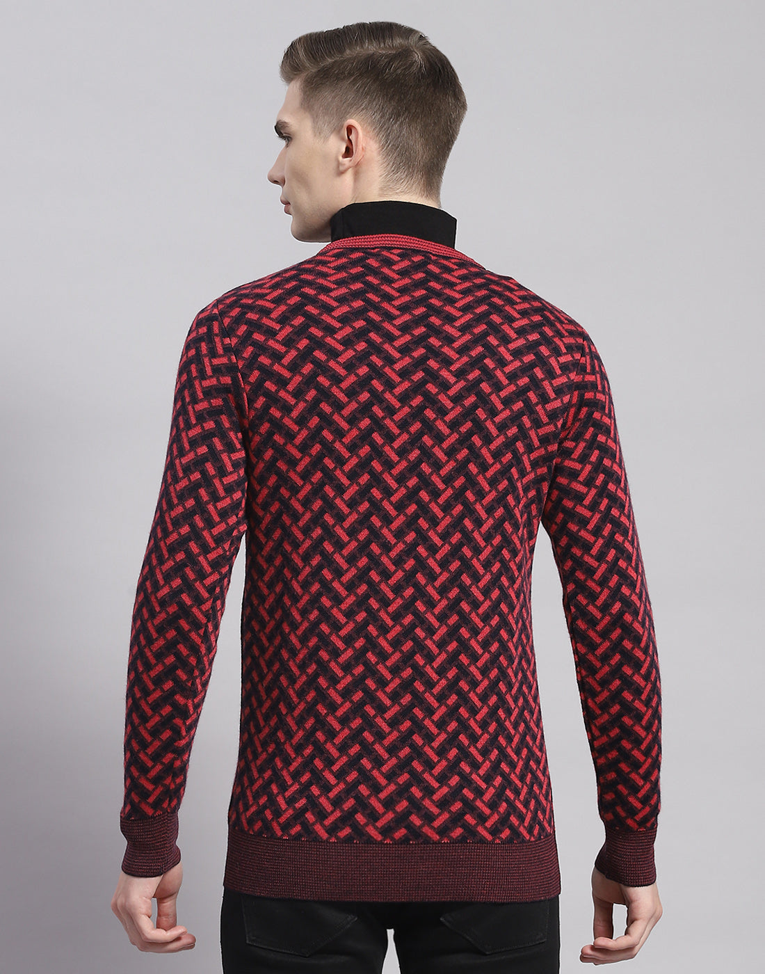 Men Pink Self Design V Neck Full Sleeve Pullover