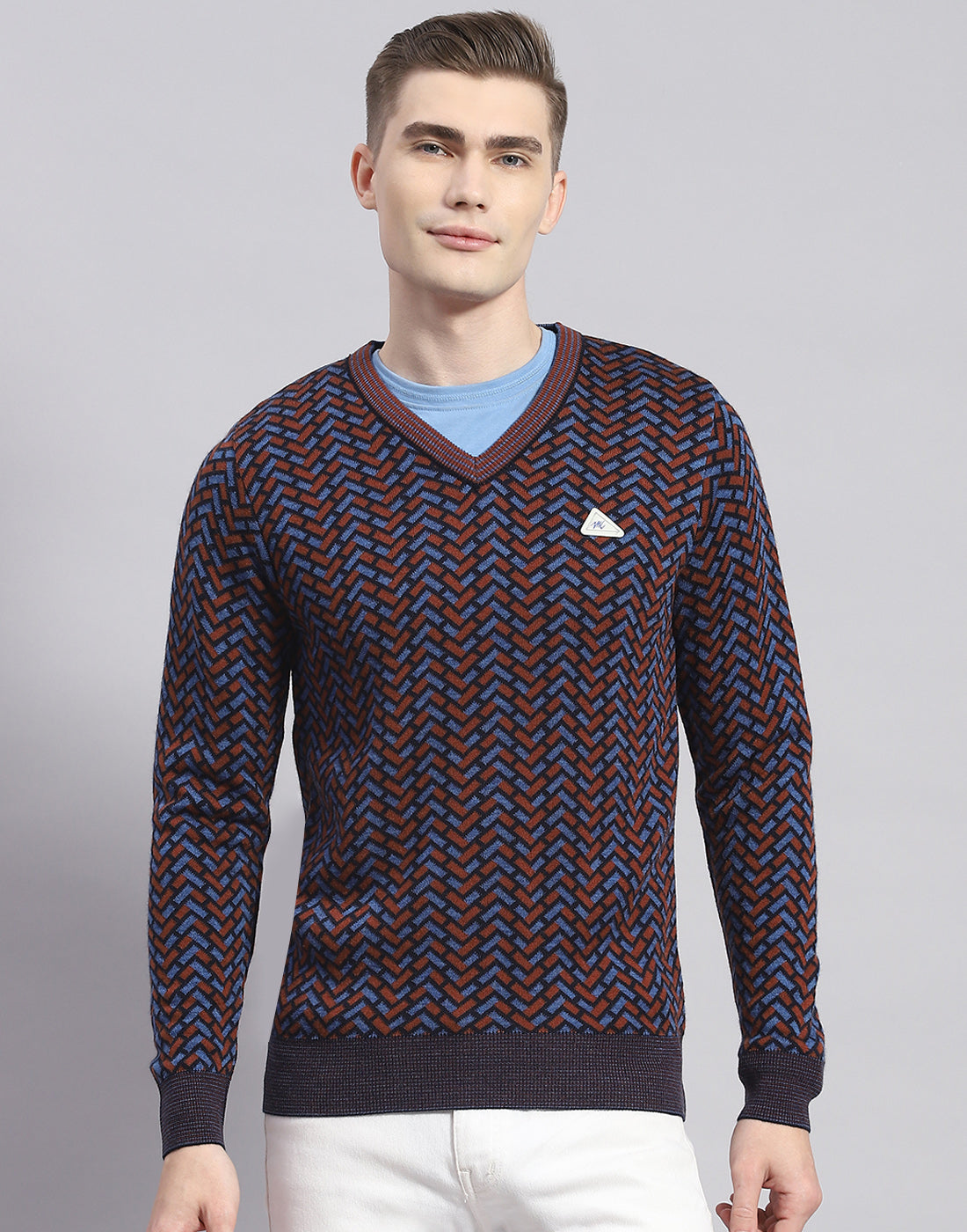 Men Brown Self Design V Neck Full Sleeve Pullover