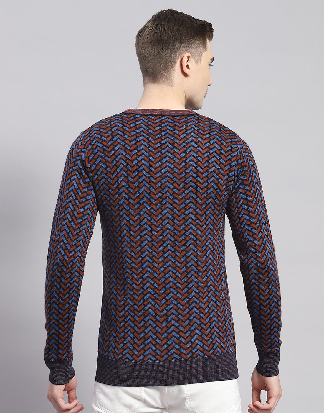 Men Brown Self Design V Neck Full Sleeve Pullover