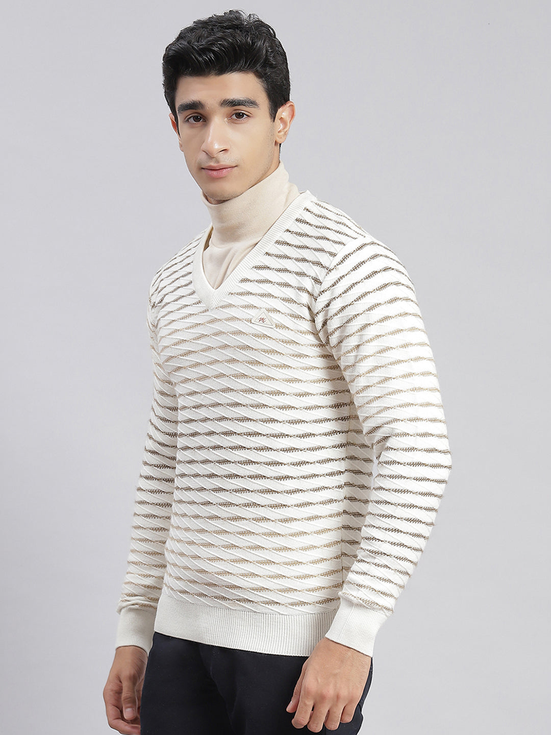 Men White Self Design V Neck Full Sleeve Sweaters/Pullovers