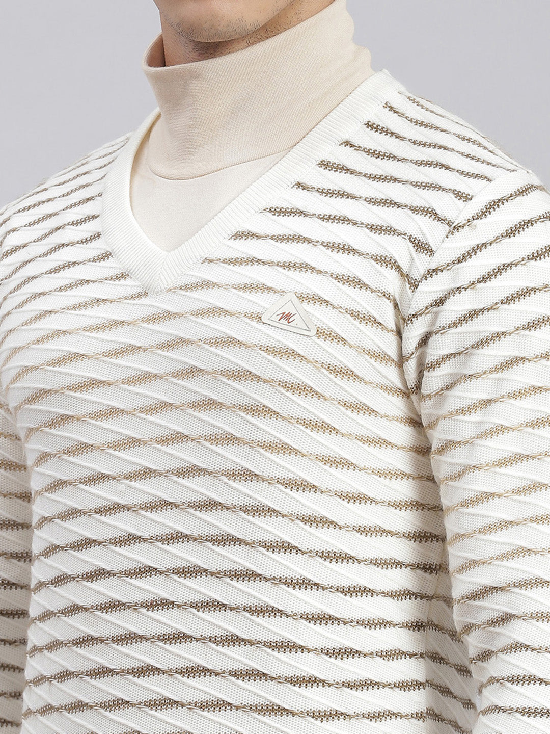 Men White Self Design V Neck Full Sleeve Sweaters/Pullovers