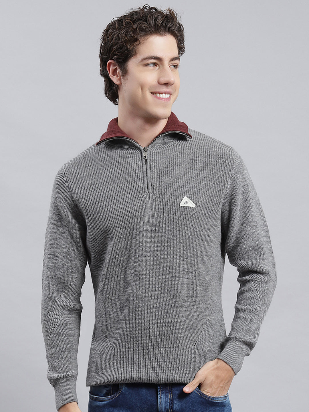 Men Grey Self Pullover