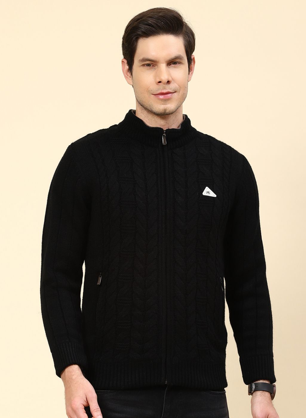 Men Black Self Design Wool blend Jacket