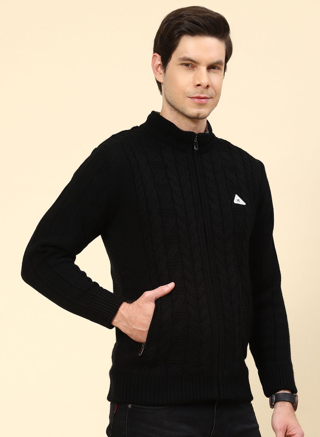 Men Black Self Design Wool blend Jacket