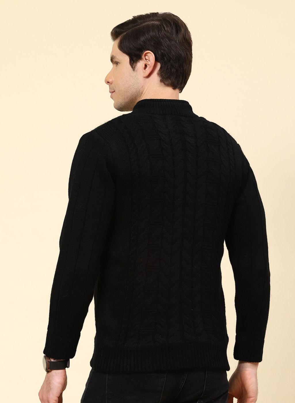 Men Black Self Design Wool blend Jacket