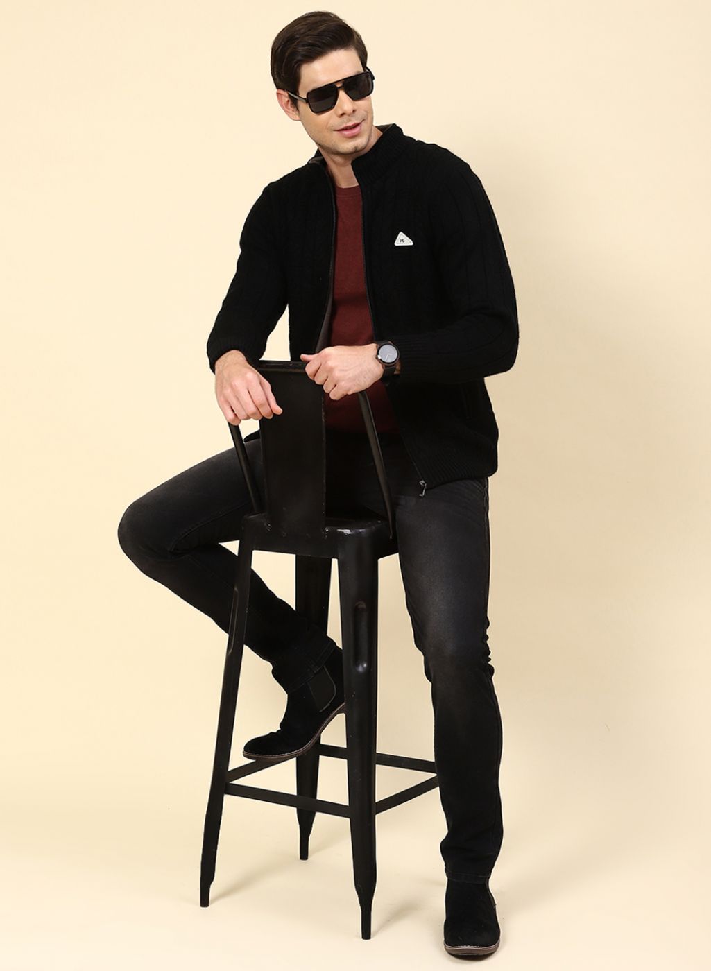 Men Black Self Design Wool blend Jacket