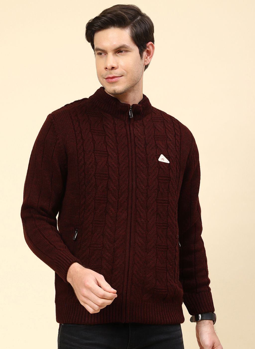 Men Maroon Self Design Wool blend Jacket