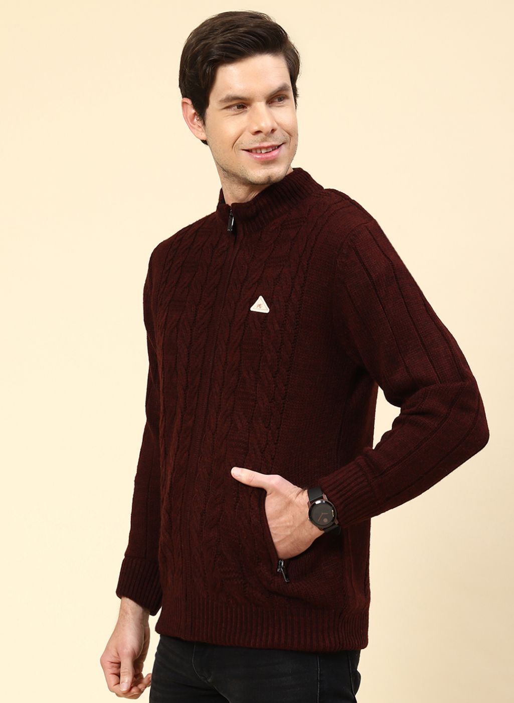 Men Maroon Self Design Wool blend Jacket