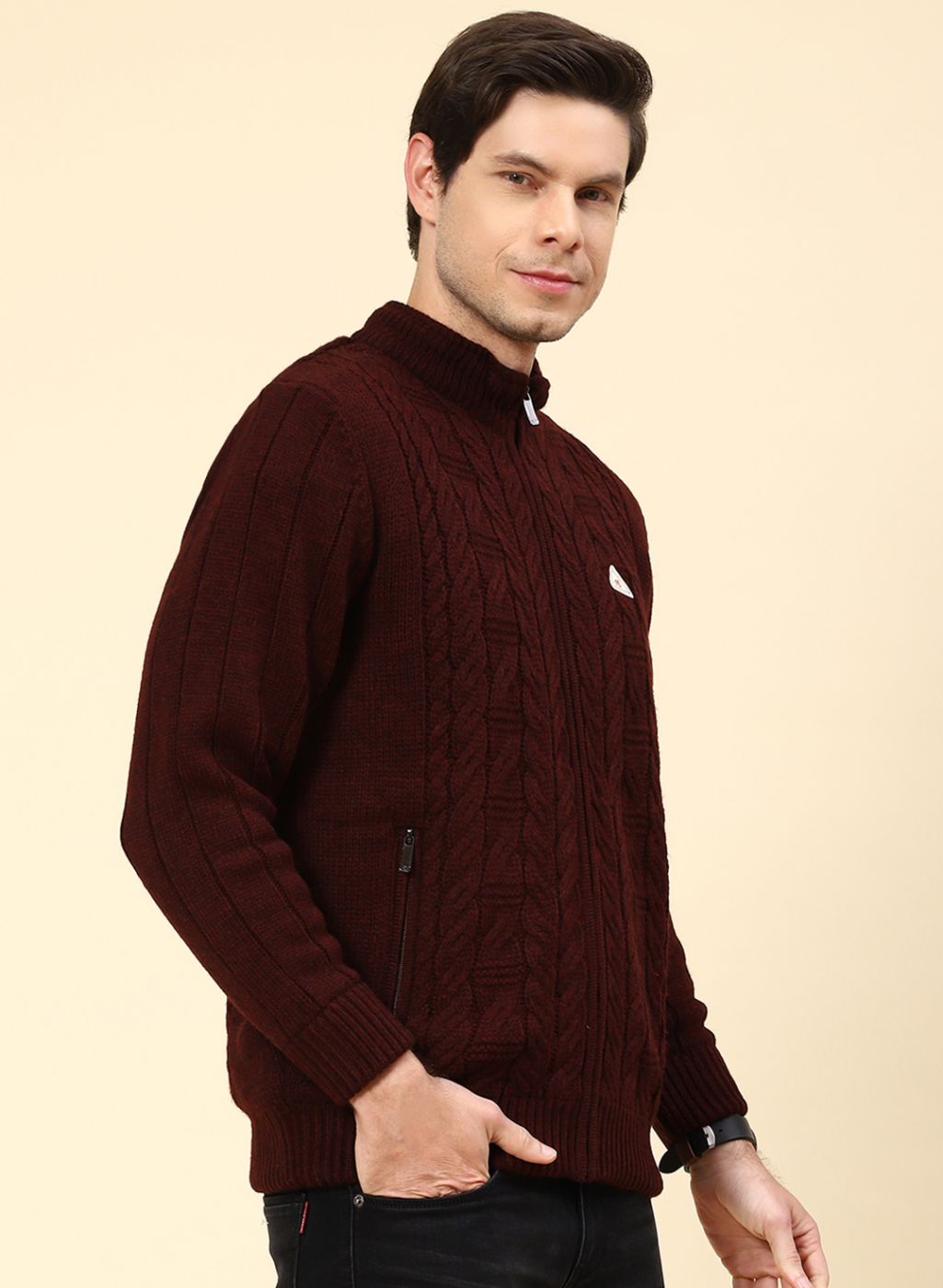 Men Maroon Self Design Wool blend Jacket