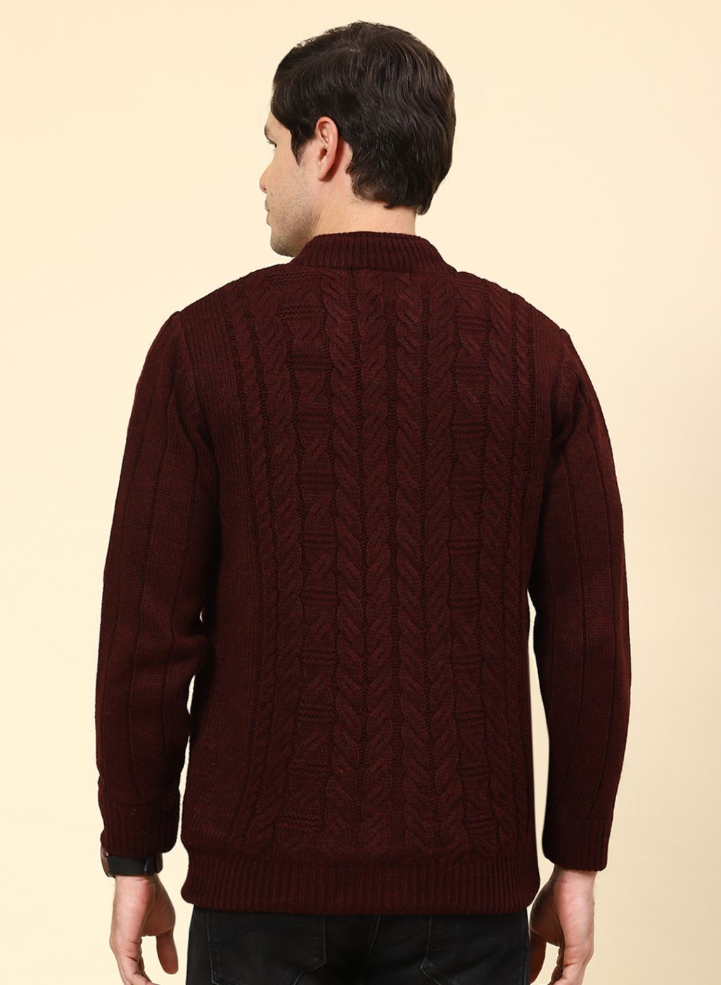 Men Maroon Self Design Wool blend Jacket