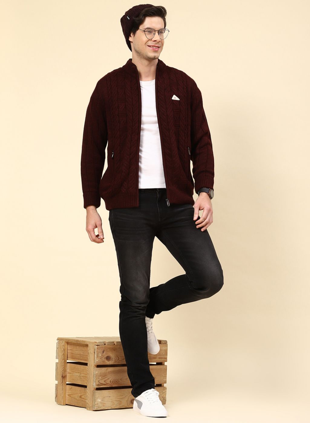 Men Maroon Self Design Wool blend Jacket