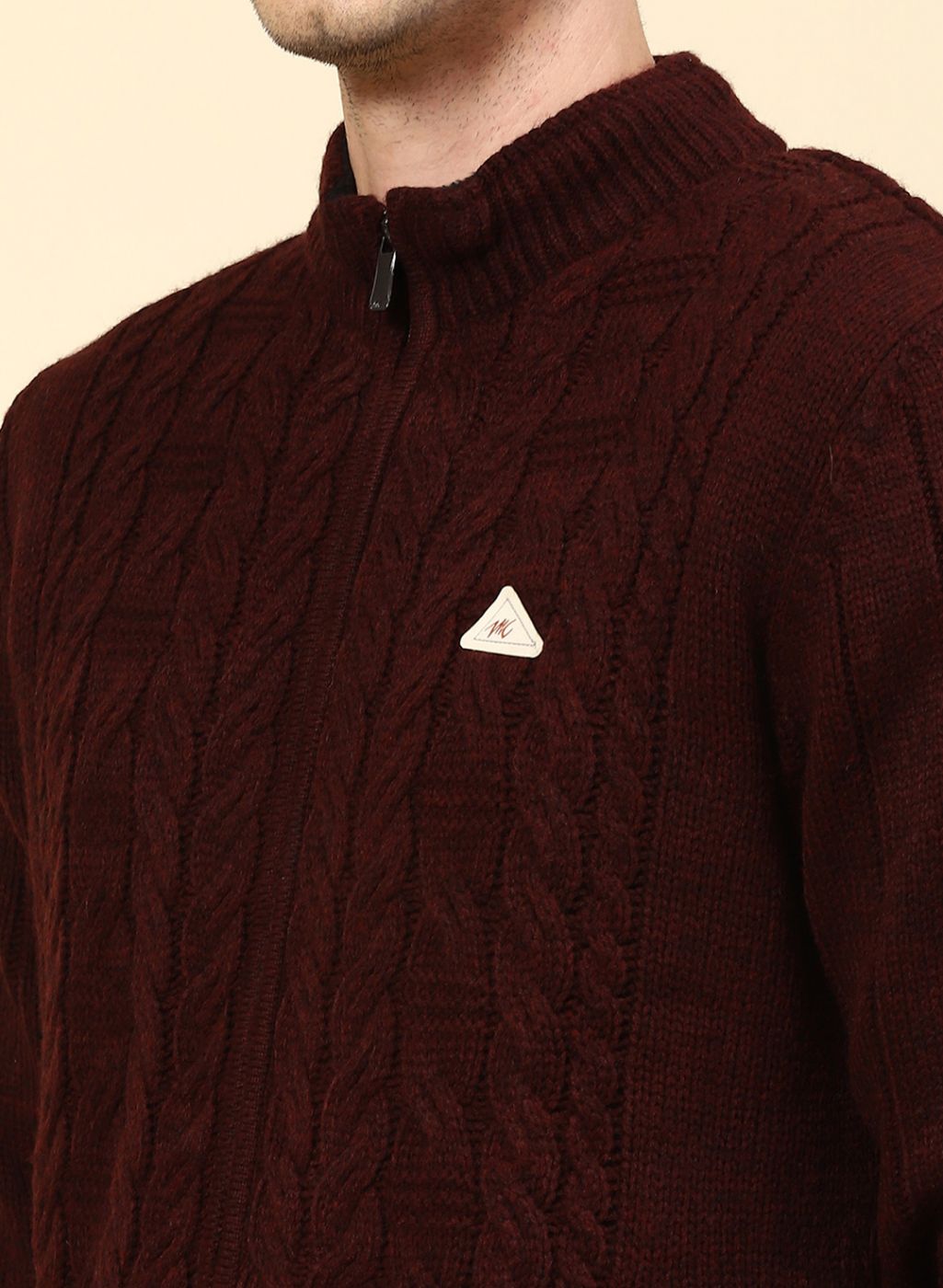 Men Maroon Self Design Wool blend Jacket