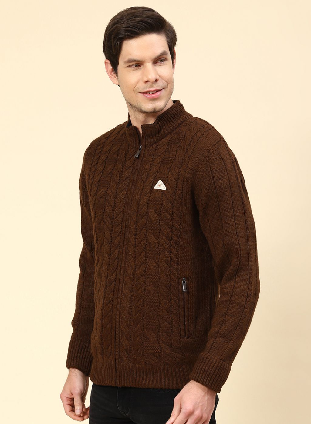 Men Brown Self Design Wool blend Jacket