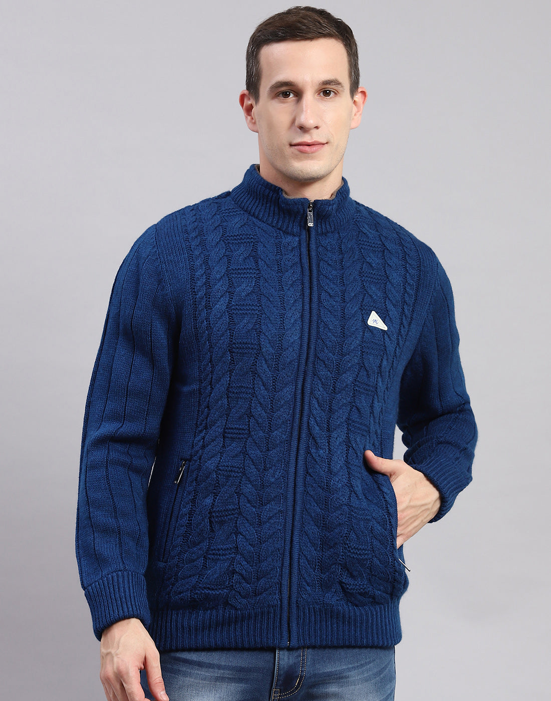 Men Blue Self Design Stand Collar Full Sleeve Jackets