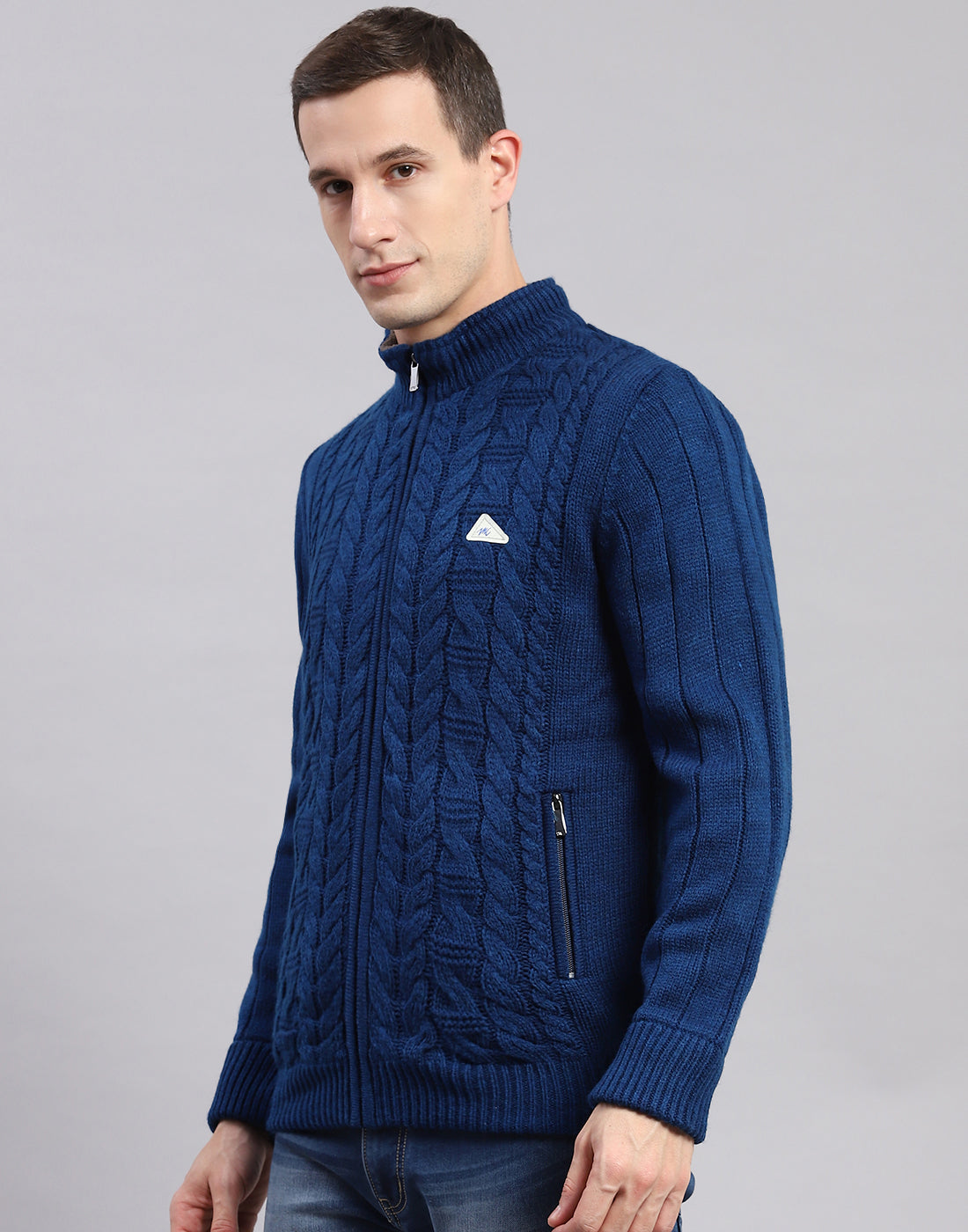 Men Blue Self Design Stand Collar Full Sleeve Jackets