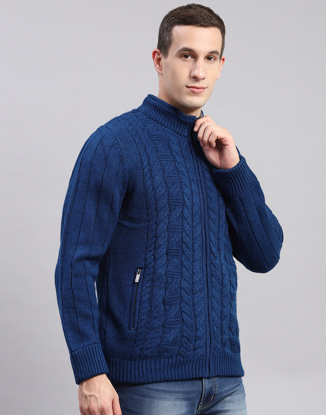 Men Blue Self Design Stand Collar Full Sleeve Jackets
