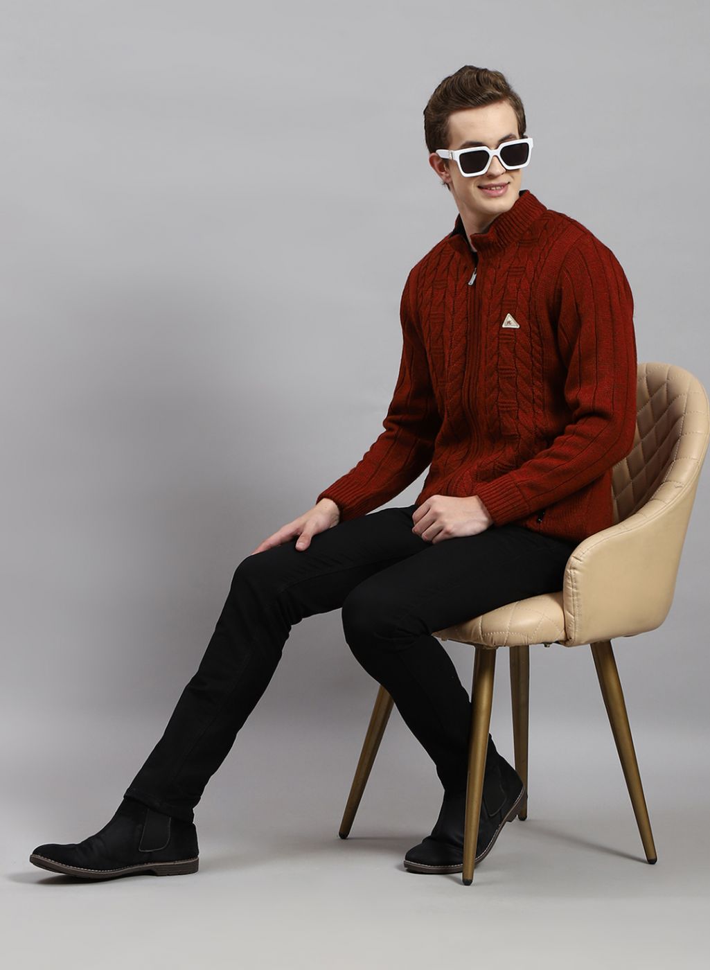 Men Orange Self Design Wool blend Jacket