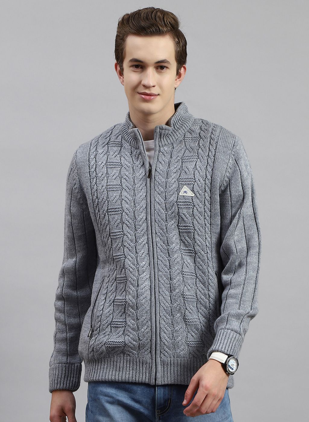 Men Grey Self Design Wool blend Jacket