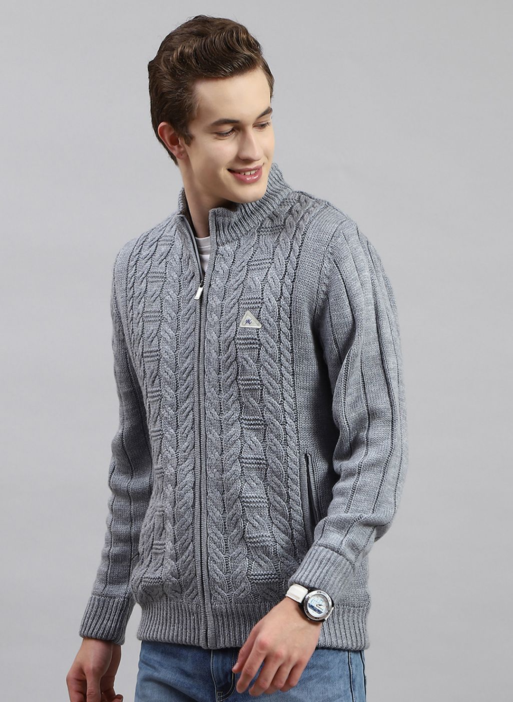Men Grey Self Design Wool blend Jacket