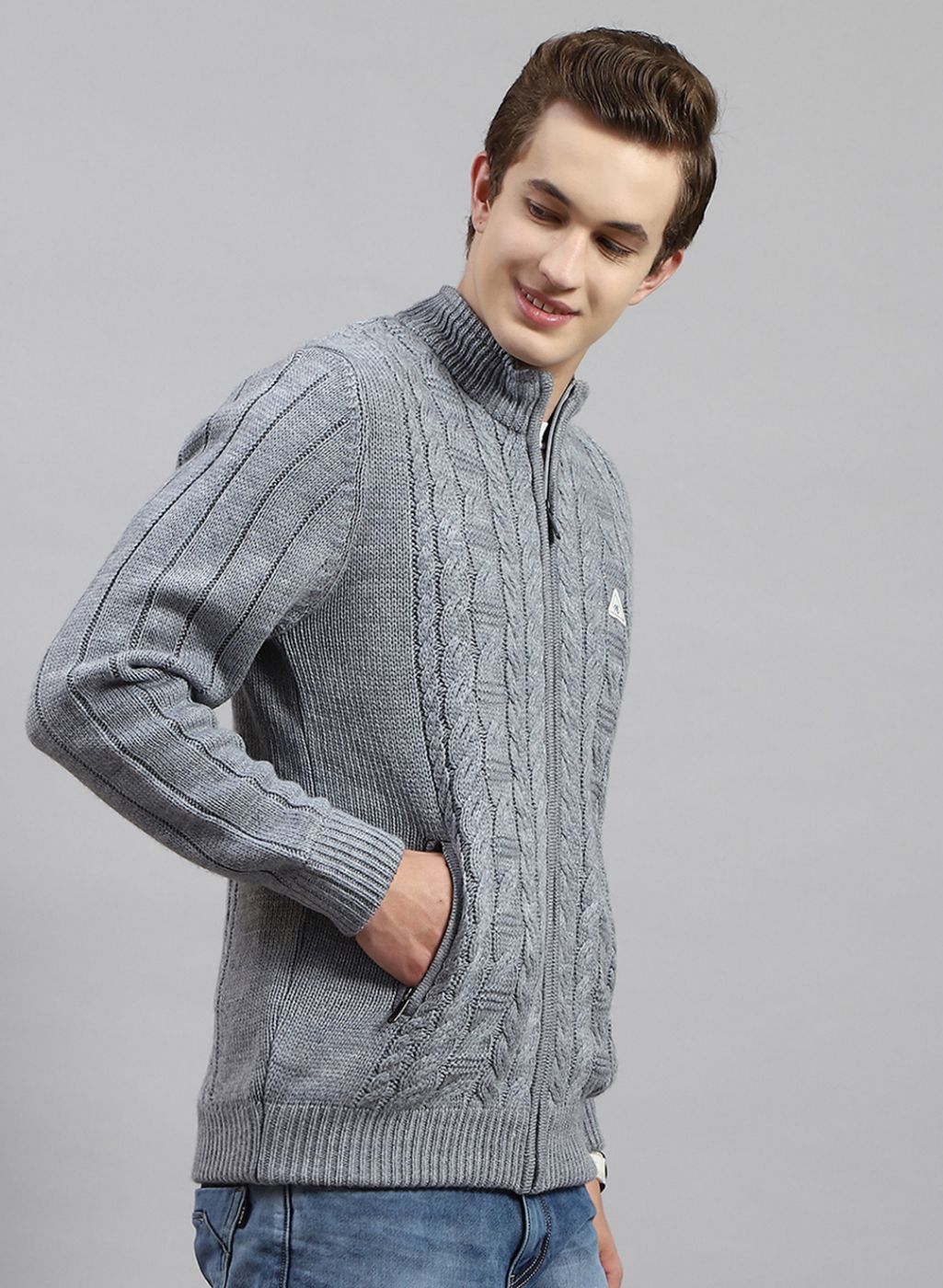 Men Grey Self Design Wool blend Jacket