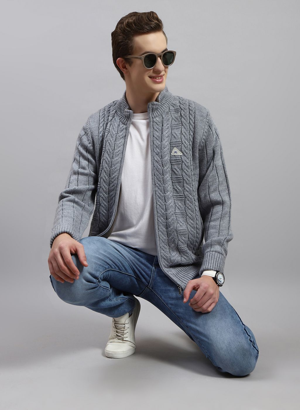 Men Grey Self Design Wool blend Jacket