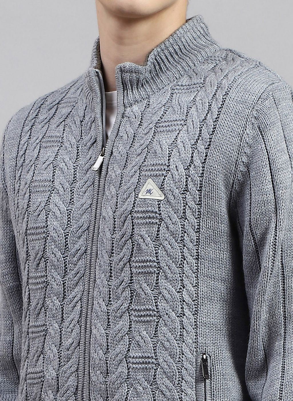 Men Grey Self Design Wool blend Jacket