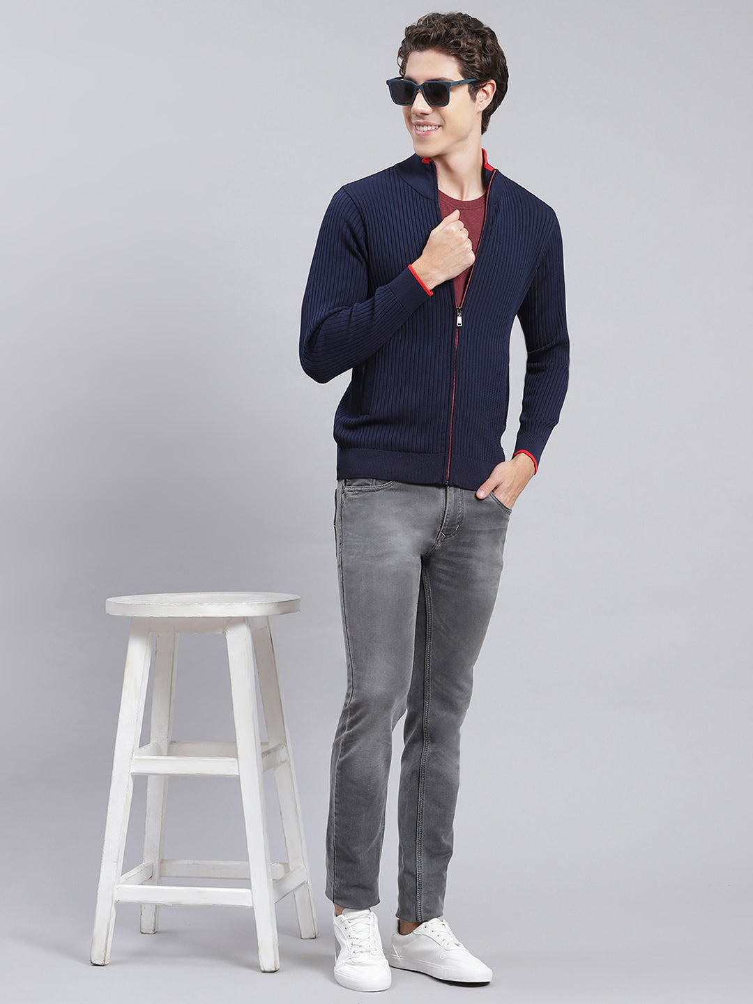 Men Navy Blue Self Design Wool blend Pullover