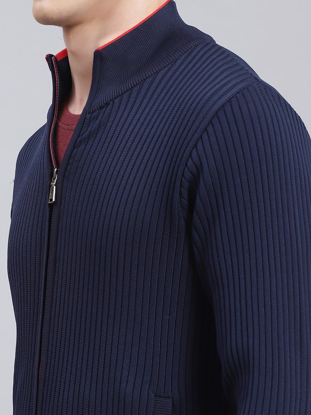 Men Navy Blue Self Design Wool blend Pullover