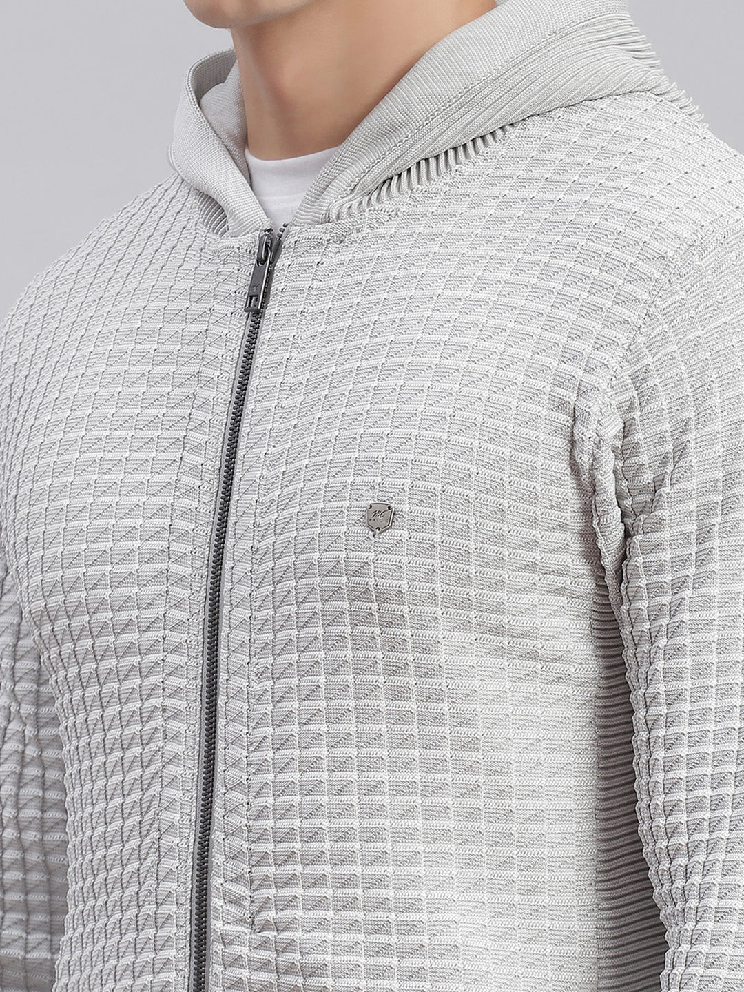 Men Grey Self Design Hooded Full Sleeve Sweaters/Pullovers