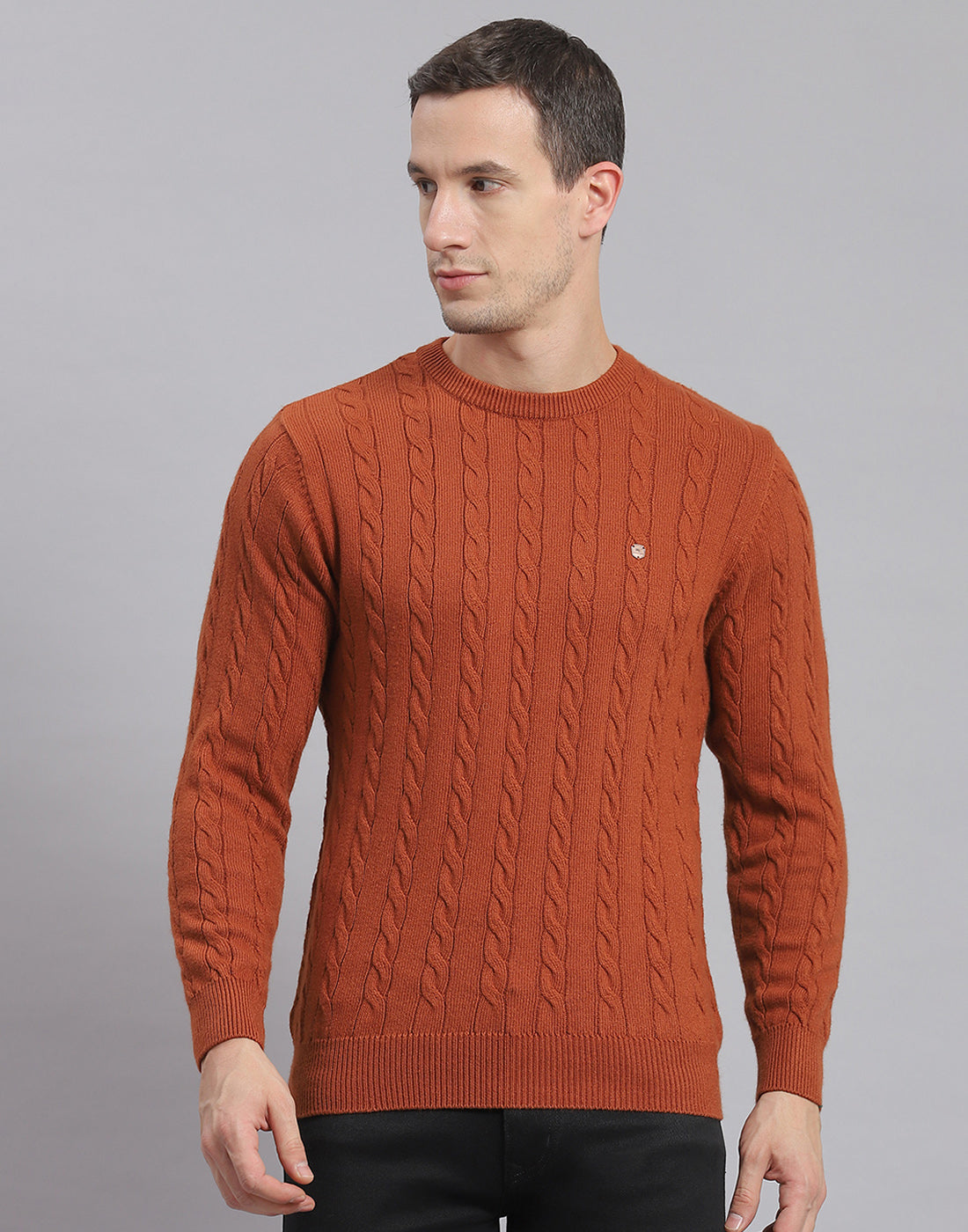 Men Rust Self Design Round Neck Full Sleeve Sweater