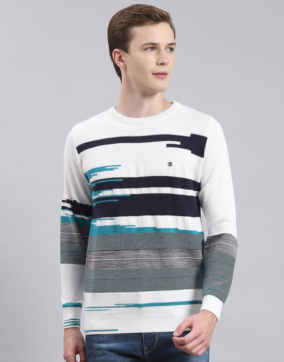 Men White Self Design Round Neck Full Sleeve Sweater