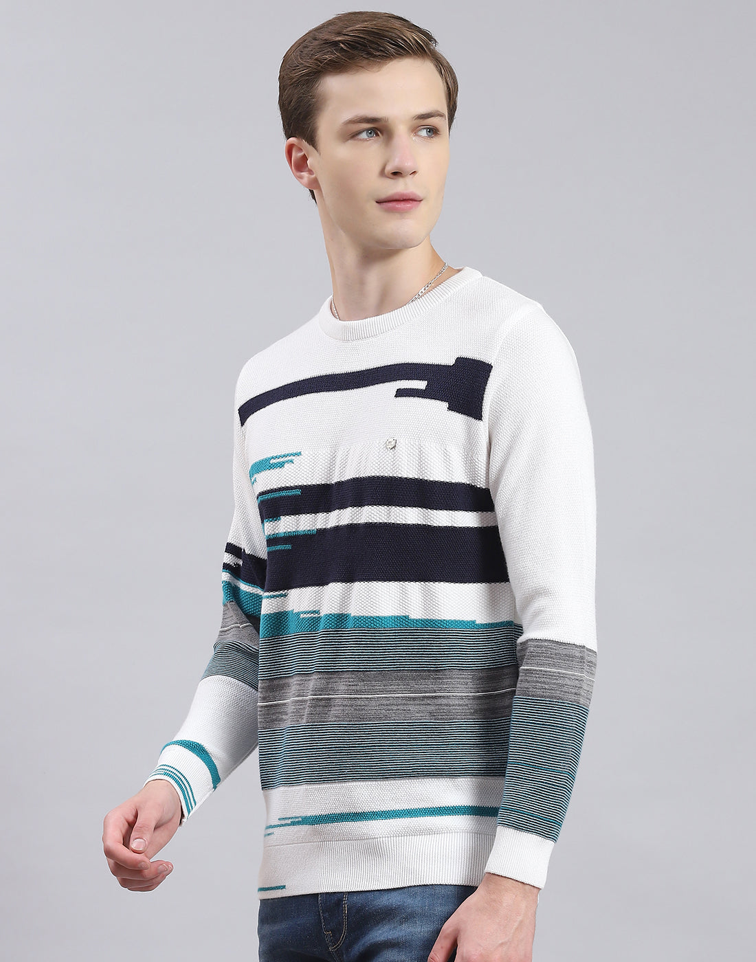 Men White Self Design Round Neck Full Sleeve Sweater
