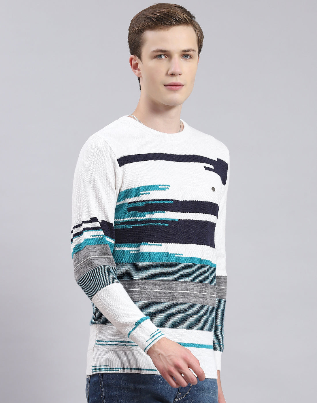 Men White Self Design Round Neck Full Sleeve Sweater