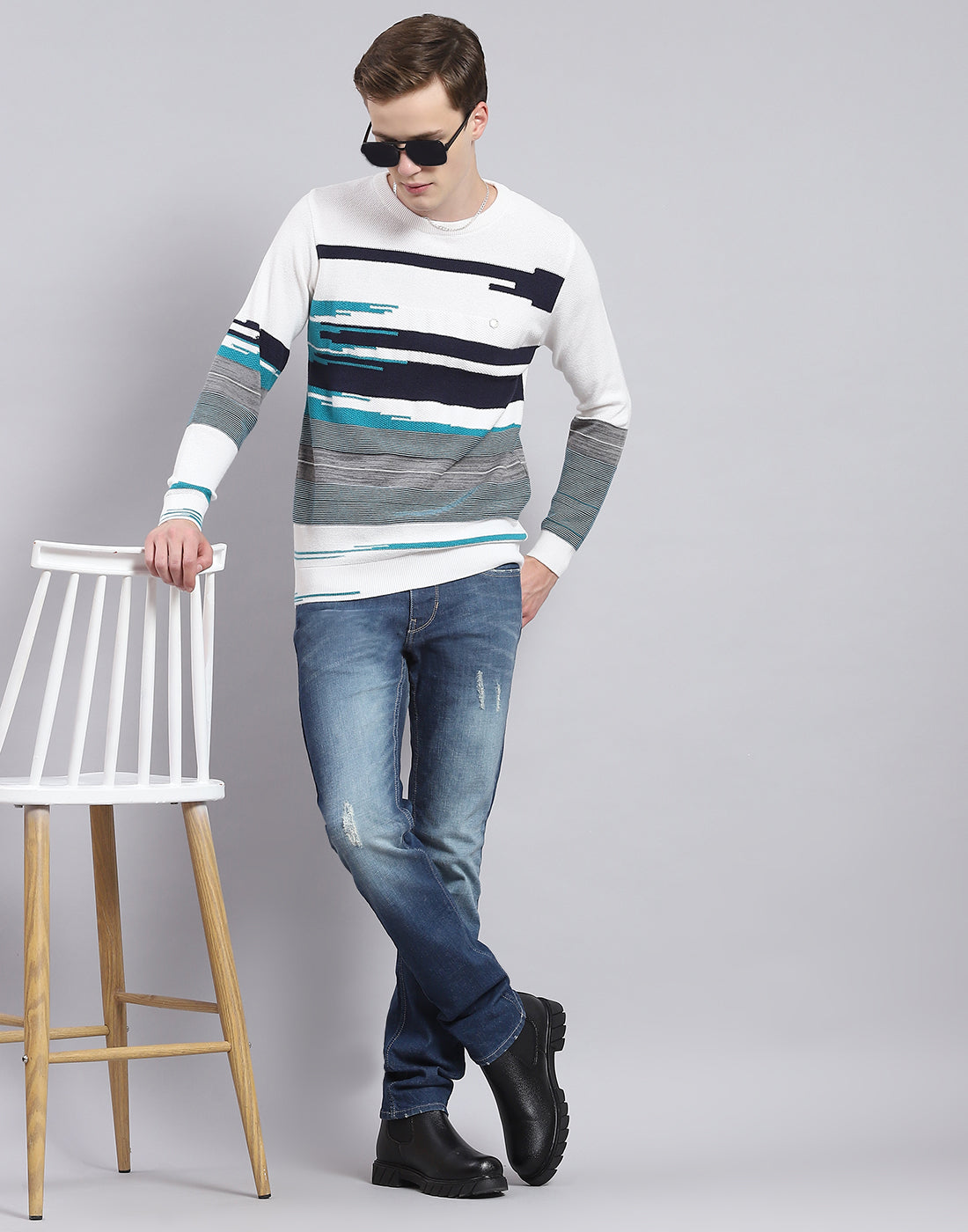 Men White Self Design Round Neck Full Sleeve Sweater