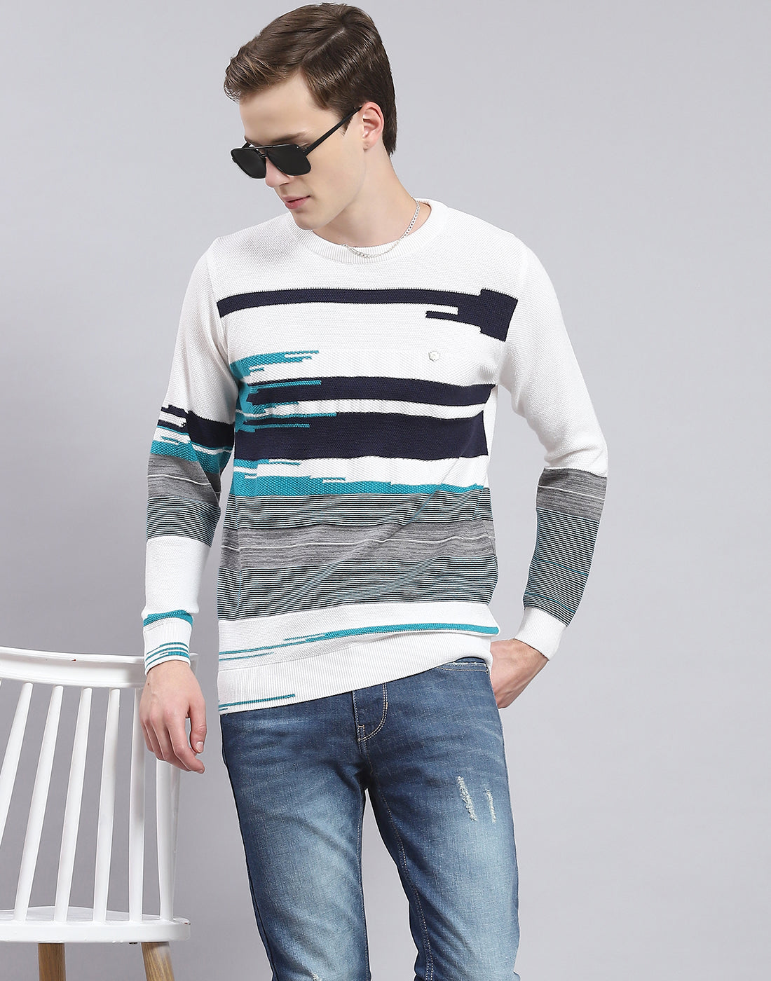 Men White Self Design Round Neck Full Sleeve Sweater