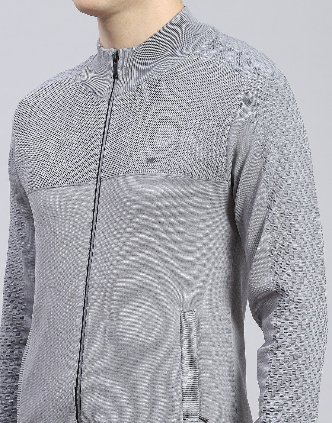 Men Grey Self Design Stand Collar Full Sleeve Tracksuit