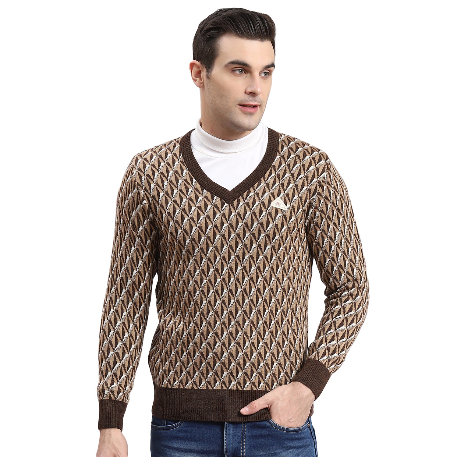 Men Brown Self Design V Neck Full Sleeve Sweater