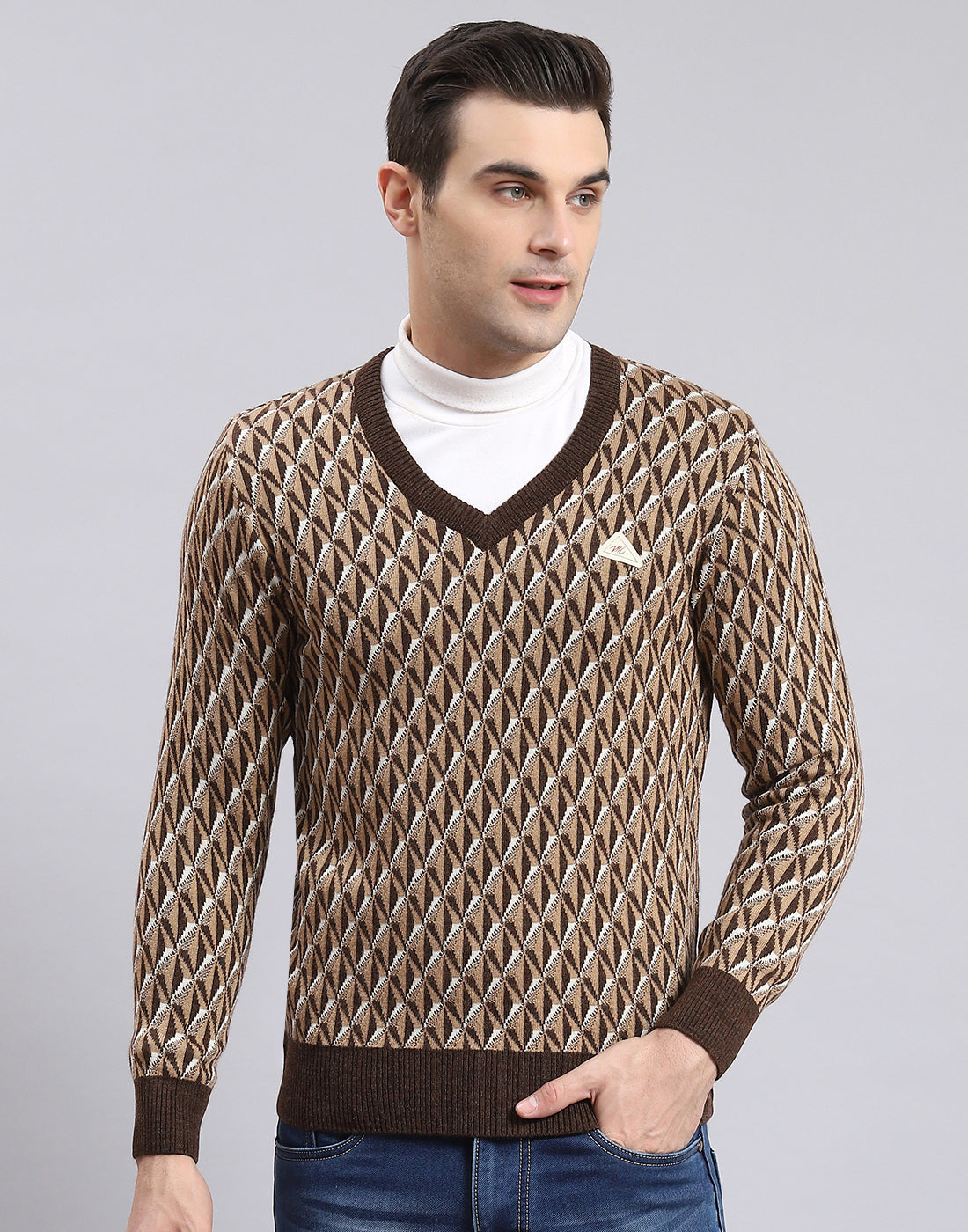 Men Brown Self Design V Neck Full Sleeve Sweater